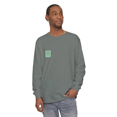 Man wearing olive long sleeve tee with barcode graphic, modern streetwear style