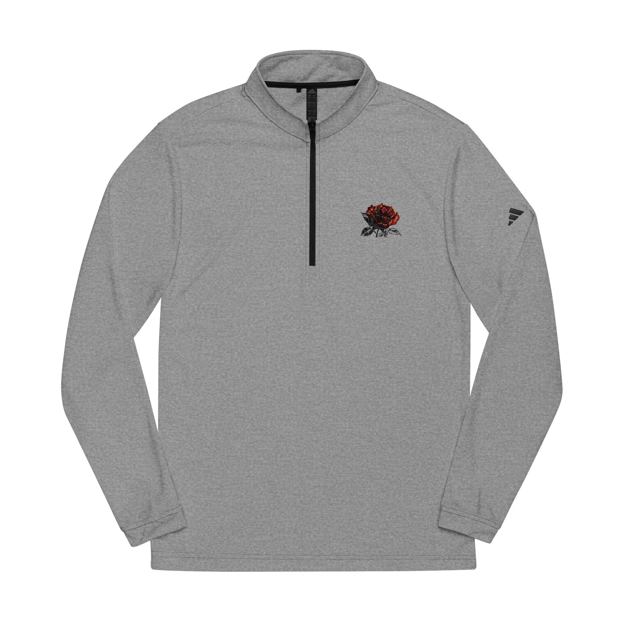 Gray quarter-zip pullover with embroidered red rose on chest and long sleeves