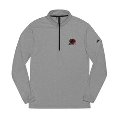 Gray quarter-zip pullover with embroidered red rose on chest and long sleeves