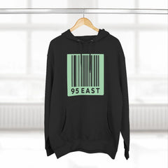 Black hoodie with green barcode design and 95 EAST text, modern East Coast style apparel