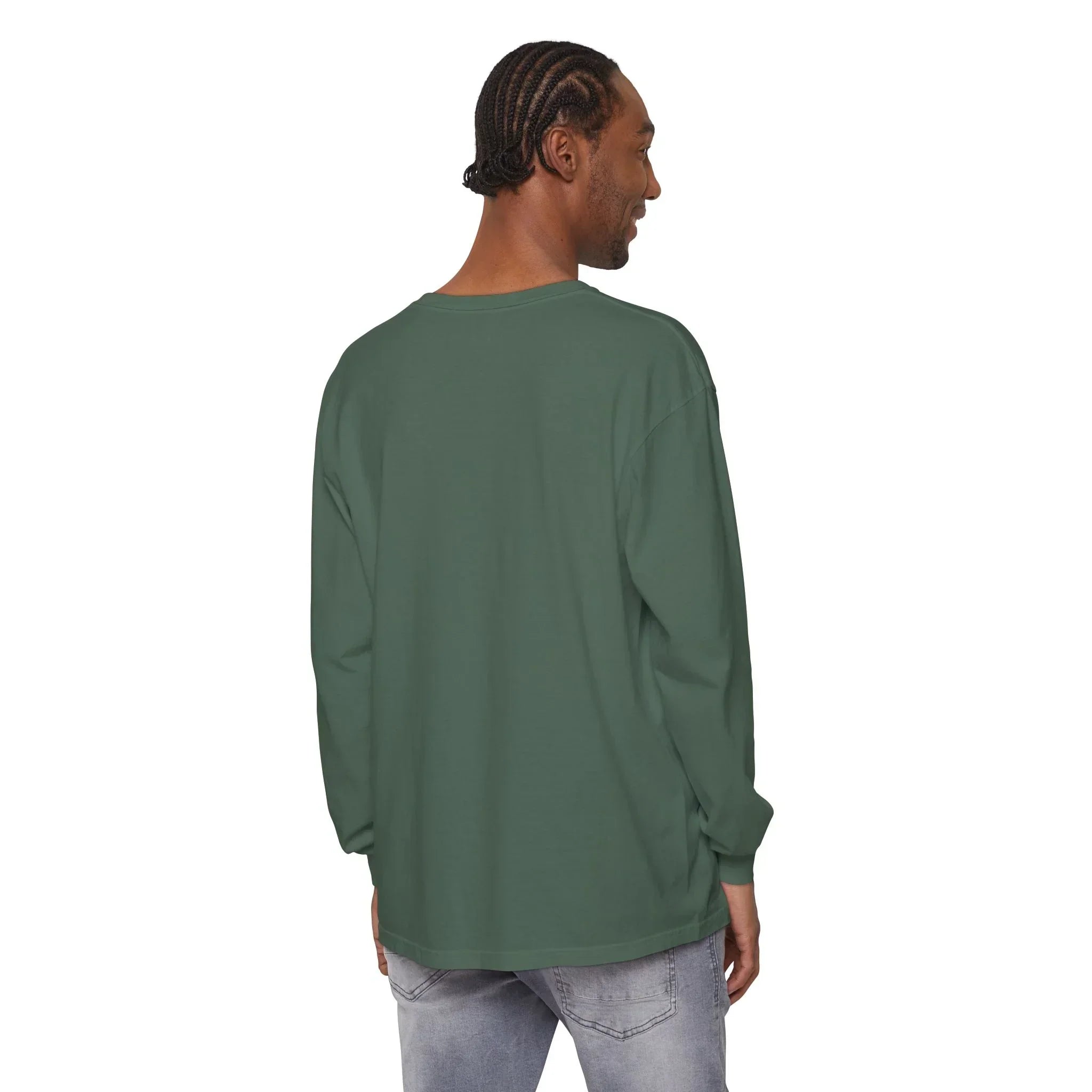 Man wearing olive green long-sleeve shirt and light jeans, back view