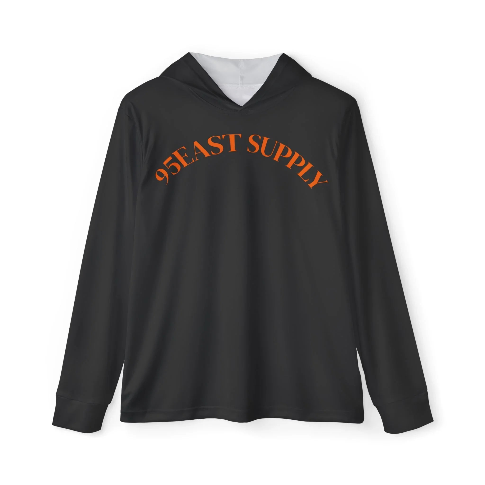 Black hoodie with orange 95EAST SUPPLY text, modern East Coast lifestyle apparel