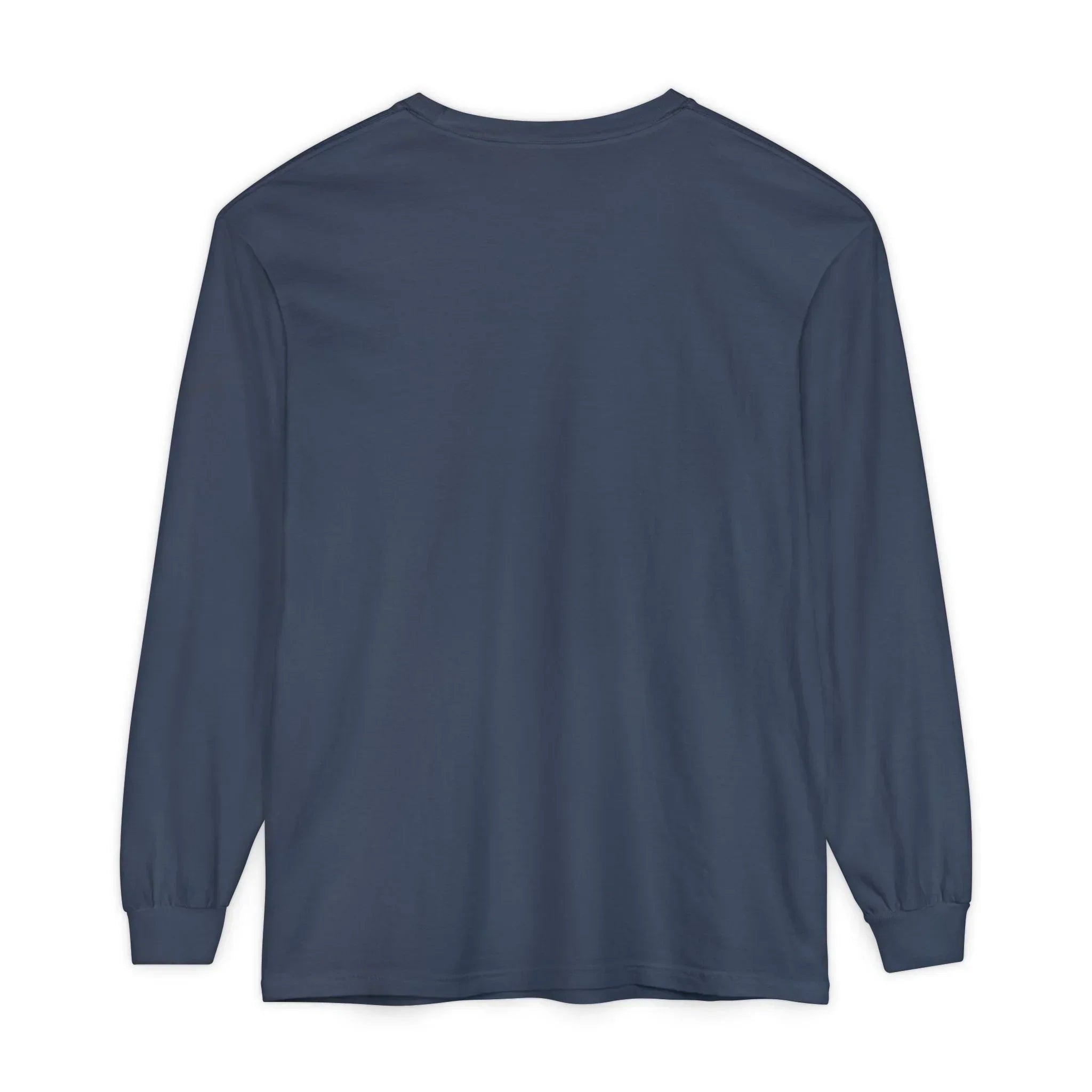 Navy blue long sleeve t-shirt, minimalist design, clean back view, casual wear, East Coast style