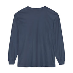 Navy blue long sleeve t-shirt, minimalist design, clean back view, casual wear, East Coast style
