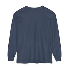 Navy blue long sleeve t-shirt, minimalist design, clean back view, casual wear, East Coast style