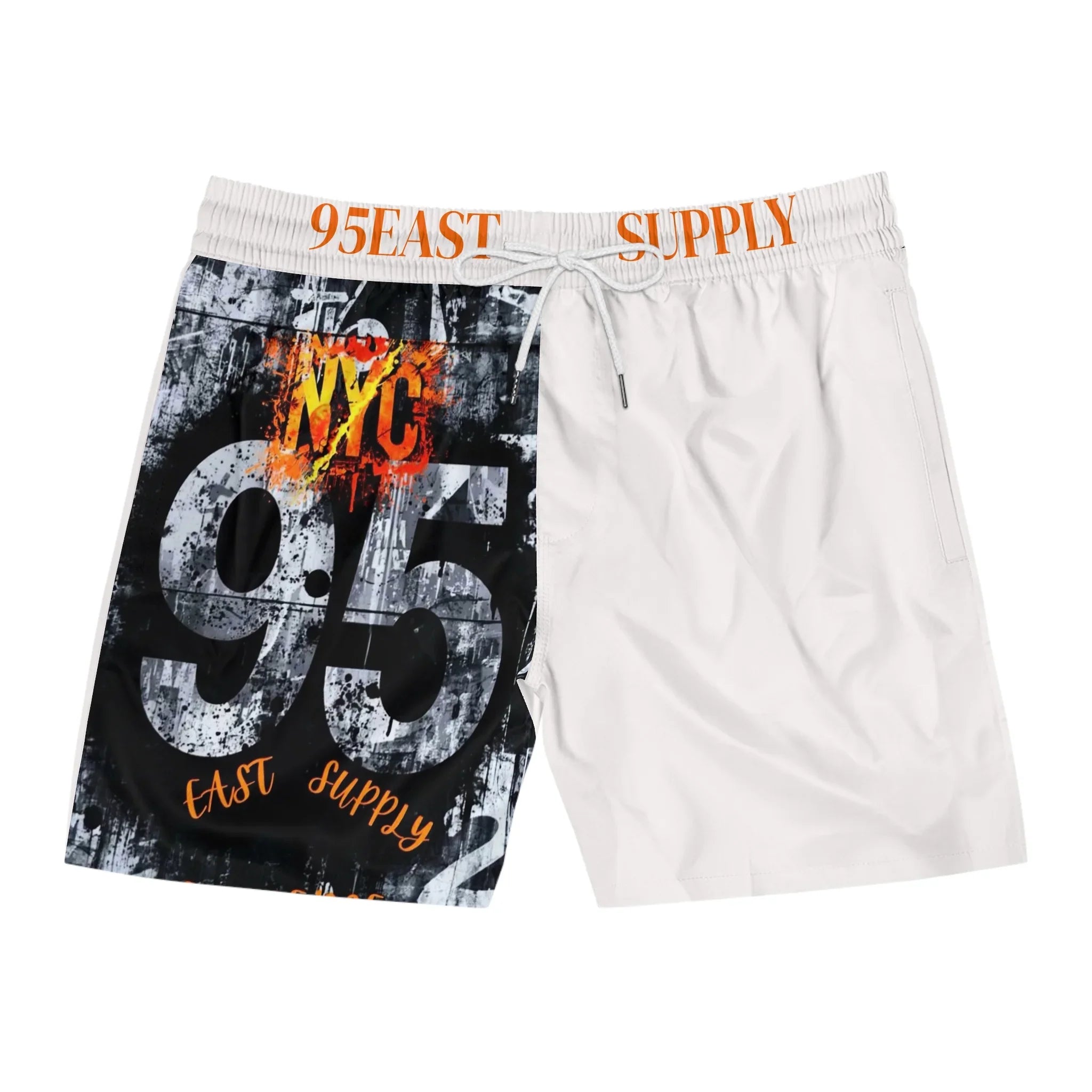 White drawstring shorts with NYC 95 graphic print and 95EAST SUPPLY waistband, urban streetwear style