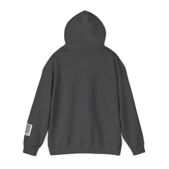 Back view of dark gray hooded sweatshirt with barcode graphic on sleeve