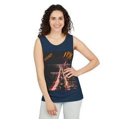 Woman wearing navy NYC tank top with city nightscape graphic and casual jeans