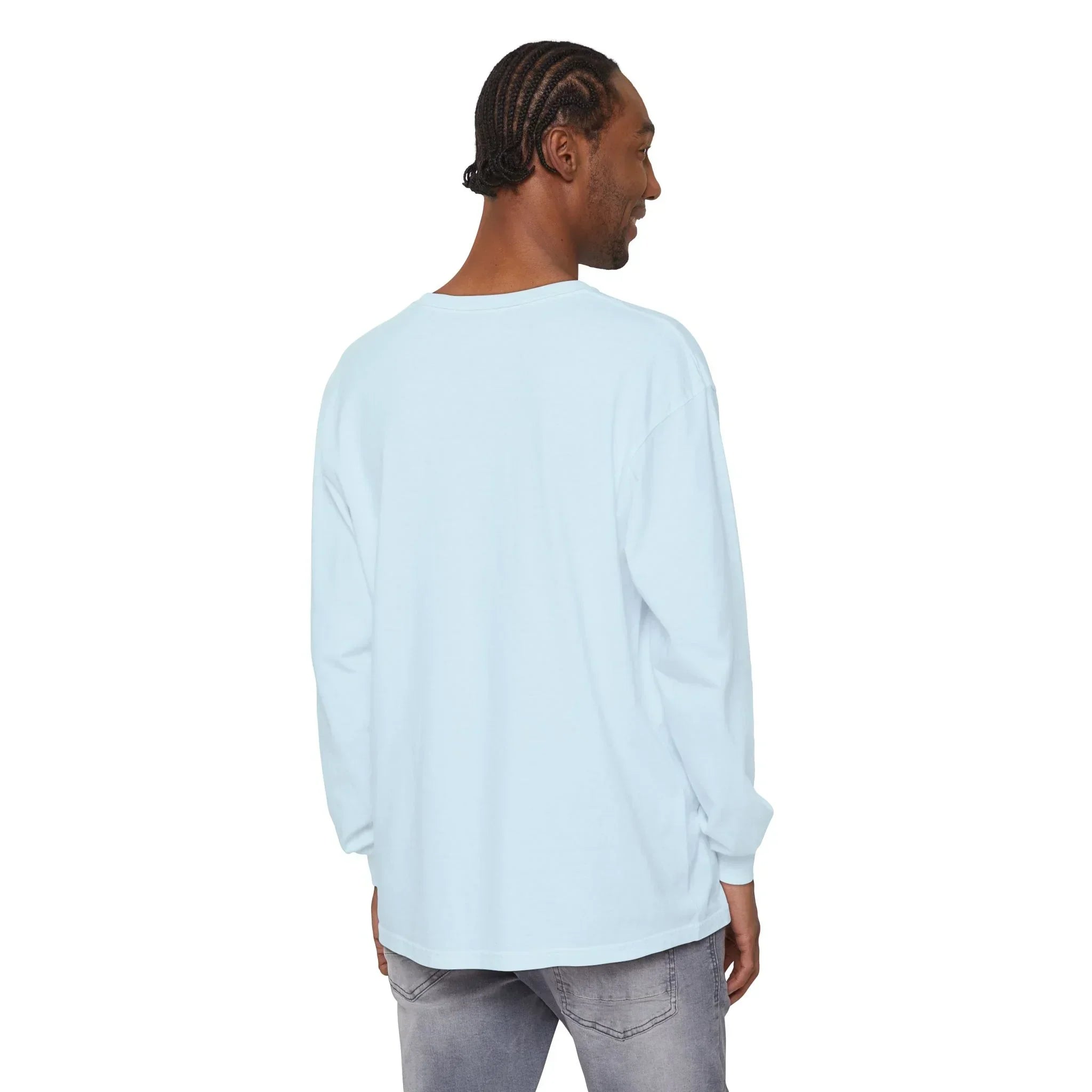 Man wearing light blue long sleeve t-shirt, back view, casual style