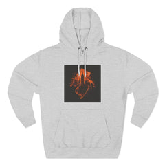 Light gray hoodie with orange cityscape and hand graphic on black square chest patch