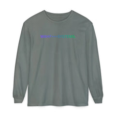 Gray long sleeve shirt with 'WAHF>>>SYSTEMS.' text in gradient colors on chest, laid flat on white background.