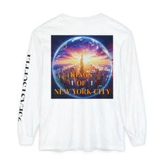 White long sleeve tee with 'Kings of New York City' graphic, NYC skyline in globe design, sleeve text