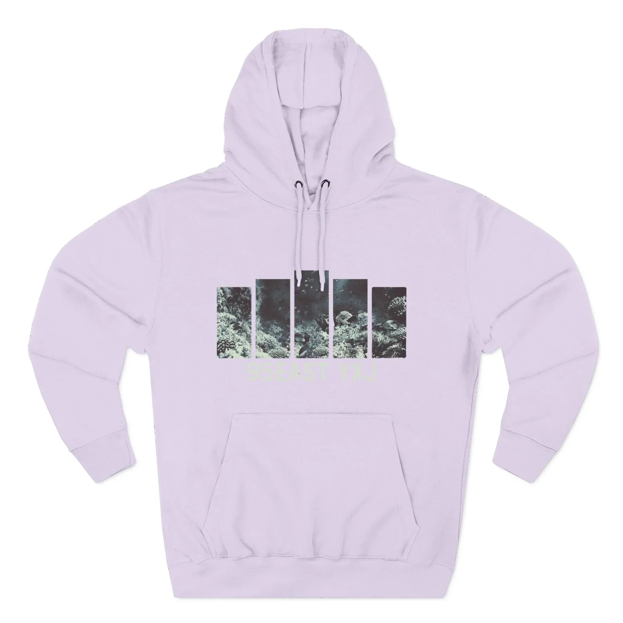 Light purple hoodie with nature-inspired bar graphic and front pocket