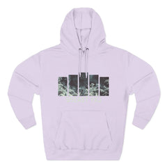 Light purple hoodie with nature-inspired bar graphic and front pocket