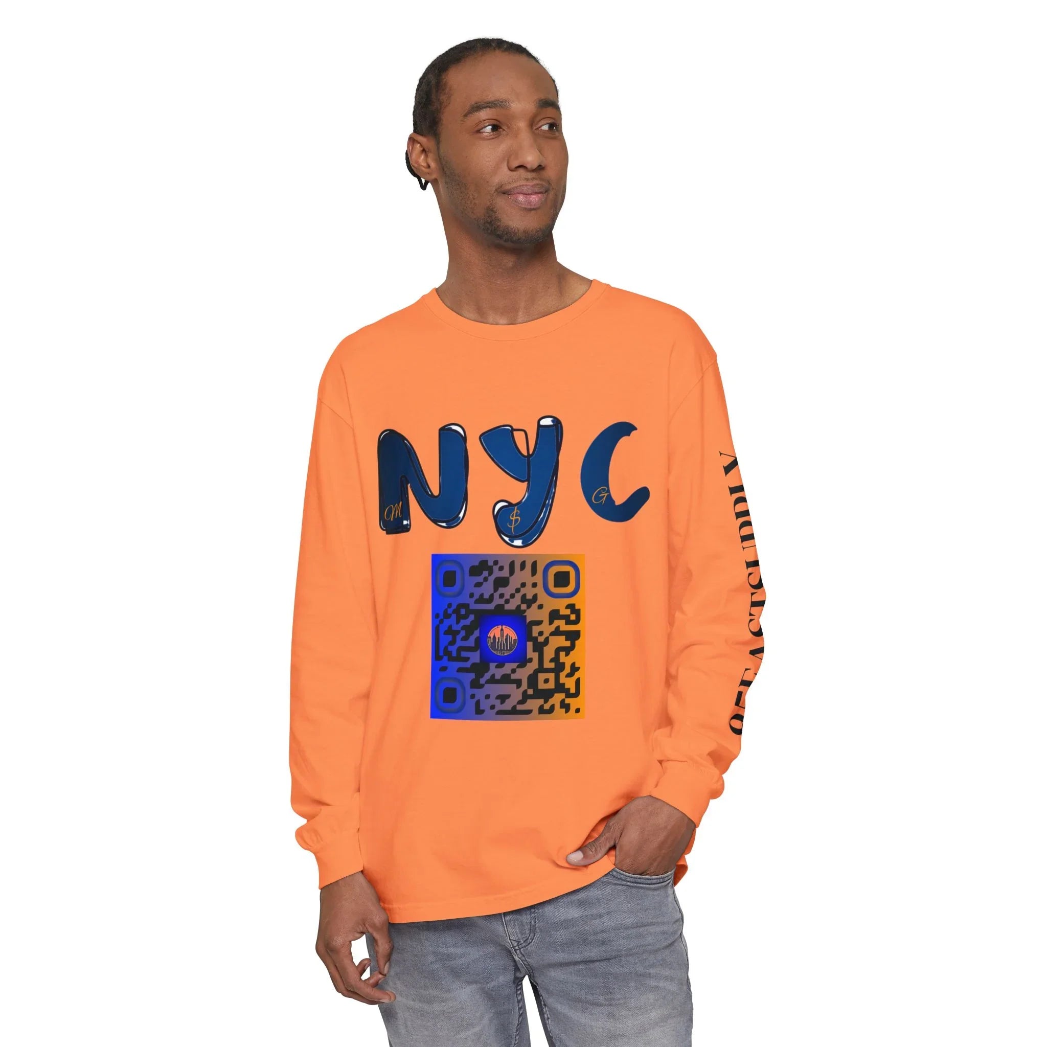 Orange long-sleeve shirt with bold NYC graphic and QR code design, styled with jeans for urban fashion.
