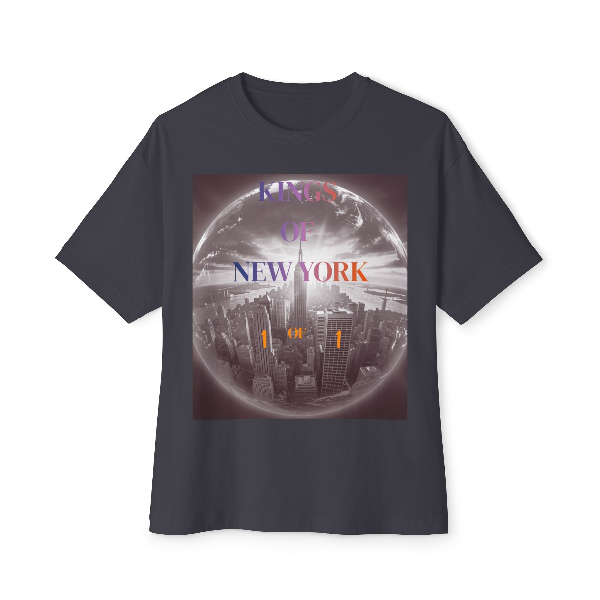 Black t-shirt with 'Kings of New York' graphic, city skyline inside globe design, bold urban streetwear style