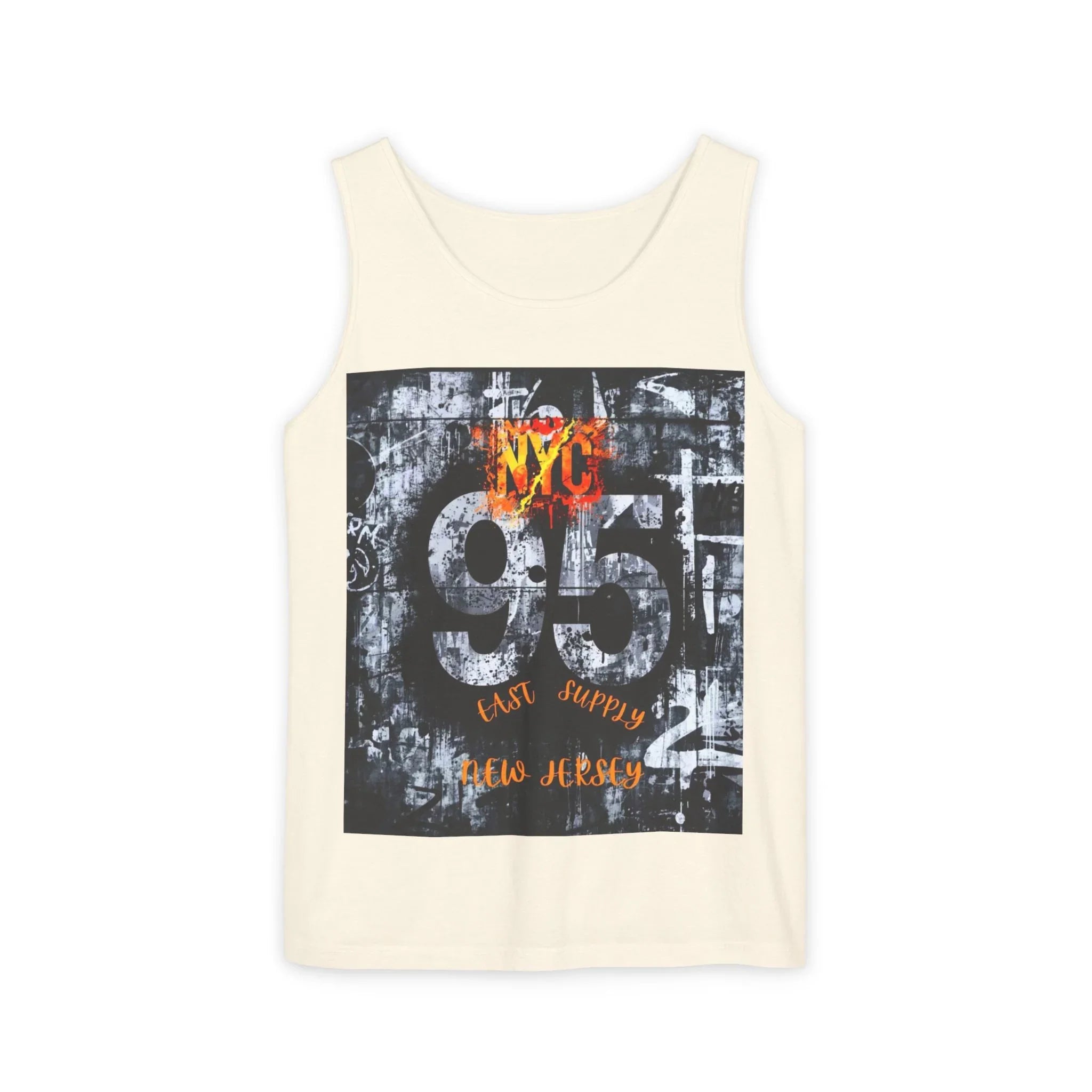 Cream tank top with bold '95 NYC East Supply New Jersey' graphic design, urban street art style