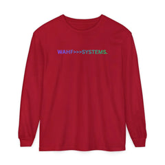 Red long sleeve shirt with 'WAHF >>> SYSTEMS.' graphic text on chest