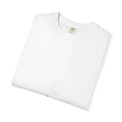 White crew neck t-shirt folded, Comfort Colors brand tag visible, soft cotton material
