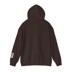 Back view of dark brown hoodie with hood and barcode patch on left sleeve