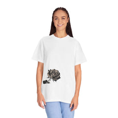 White t-shirt with black rose graphic, modern East Coast style