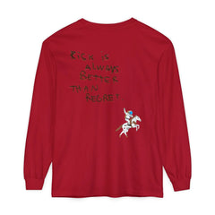 Red long sleeve shirt with 'Risk is Always Better Than Regret' quote and astronaut on horse graphic