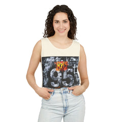 Woman wearing NYC 95 graphic tank top with distressed design, paired with light denim jeans.