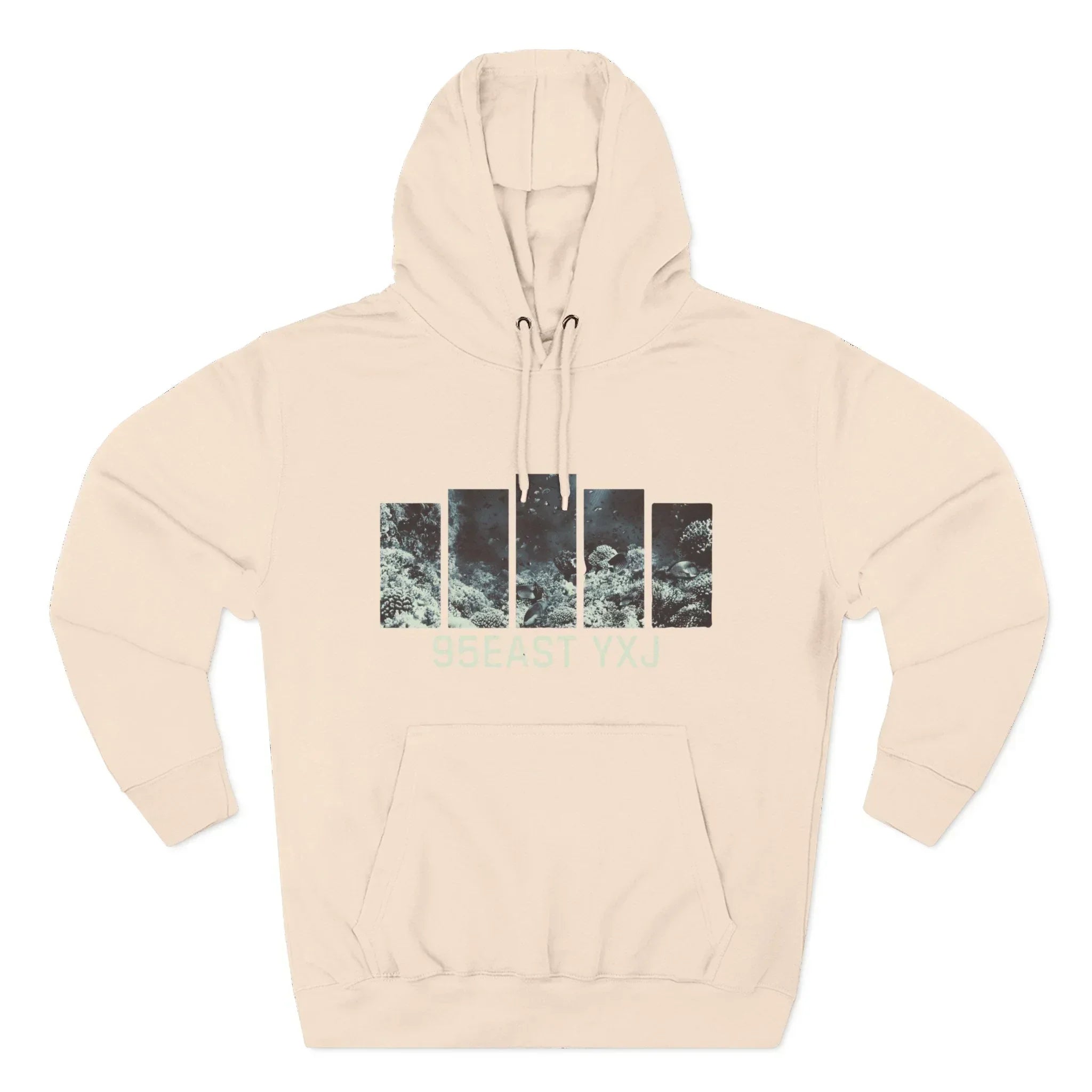Beige hoodie with ocean graphic bars and 95EAST YXJ text on front