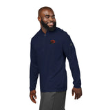Man wearing navy quarter-zip pullover with red rose embroidery and athletic gray pants