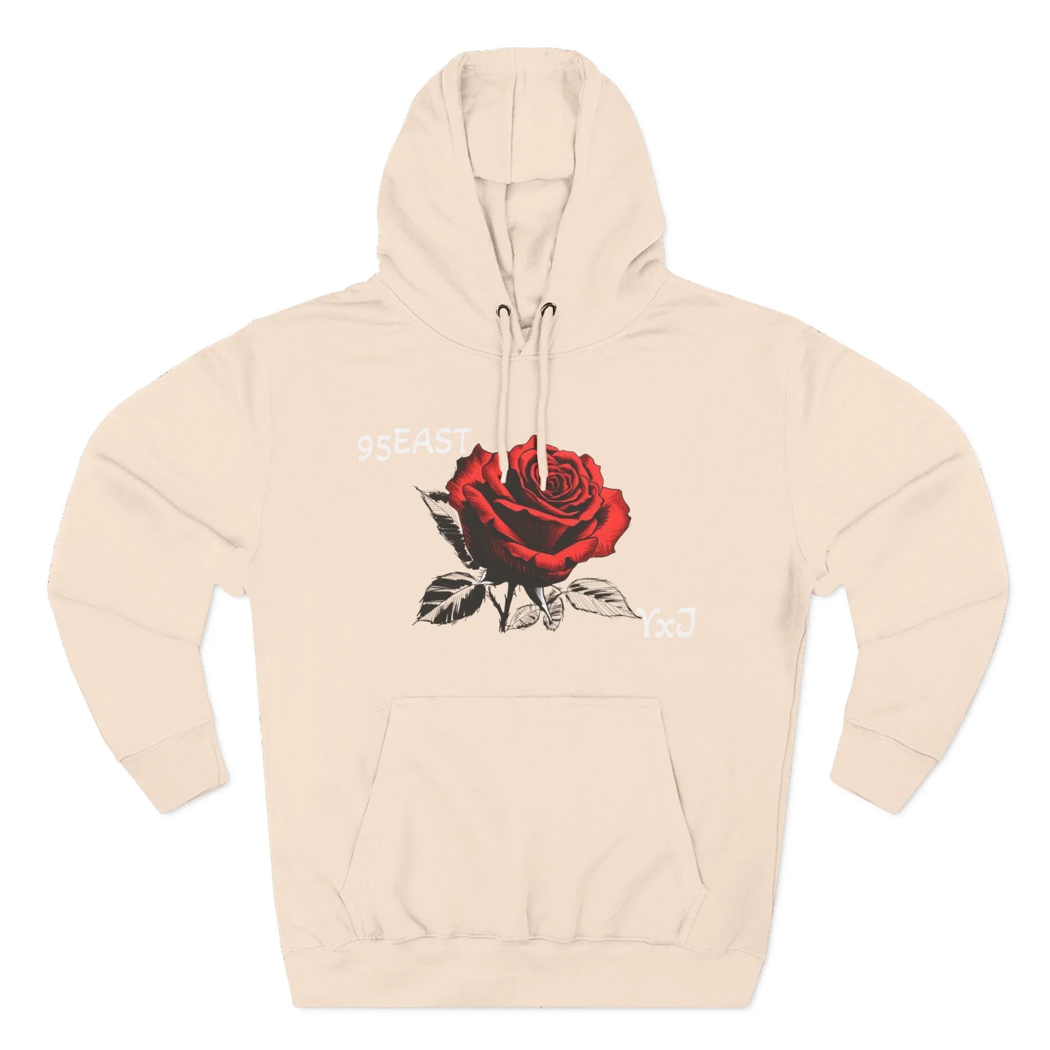 Cream hoodie with red rose graphic and 95EAST YxJ text, featuring front pocket and drawstring hood