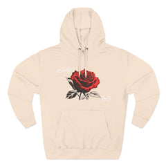Cream hoodie with red rose graphic and 95EAST YxJ text, featuring front pocket and drawstring hood