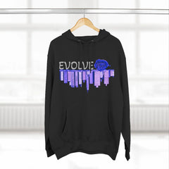 Black hoodie with blue rose graphic and city skyline, EVOLVE text, barcode sleeve detail