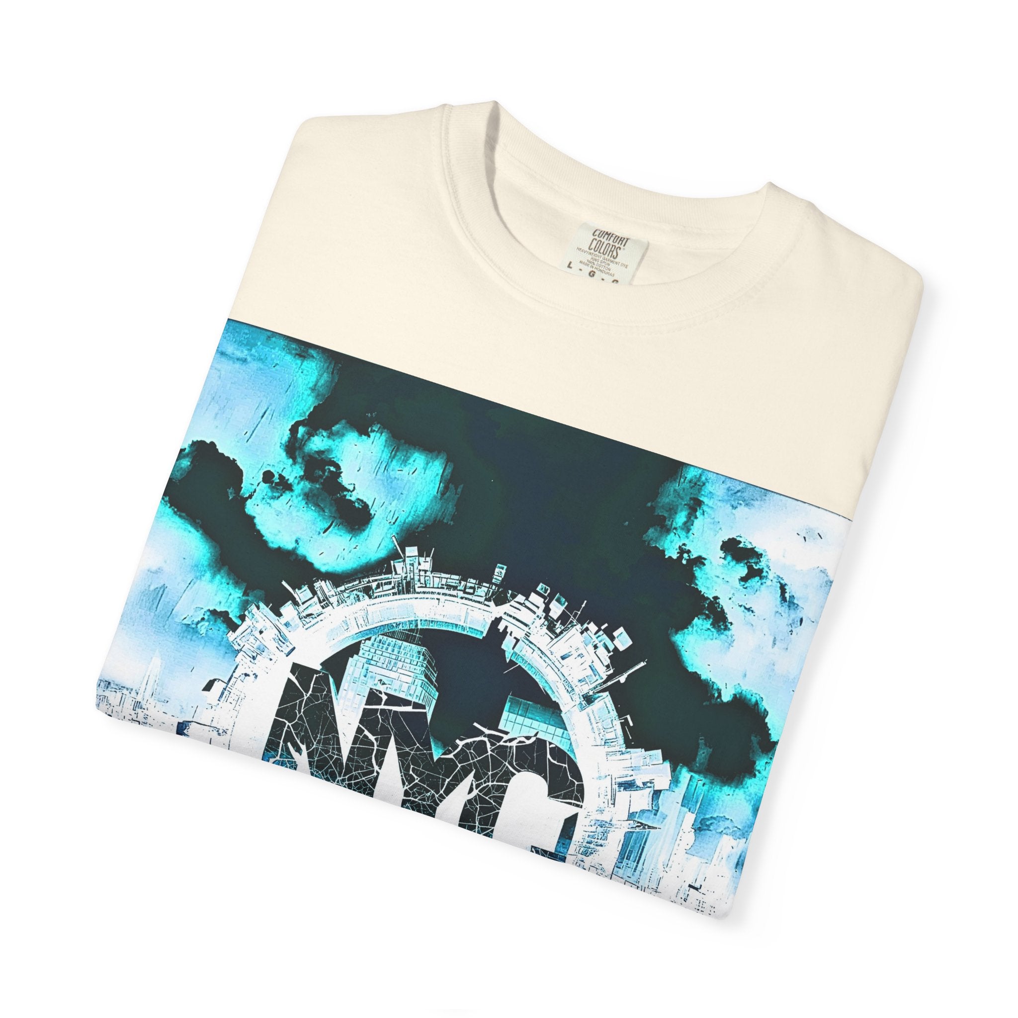 Cream t-shirt with bold NYC skyline graphic in blue and black, urban streetwear style