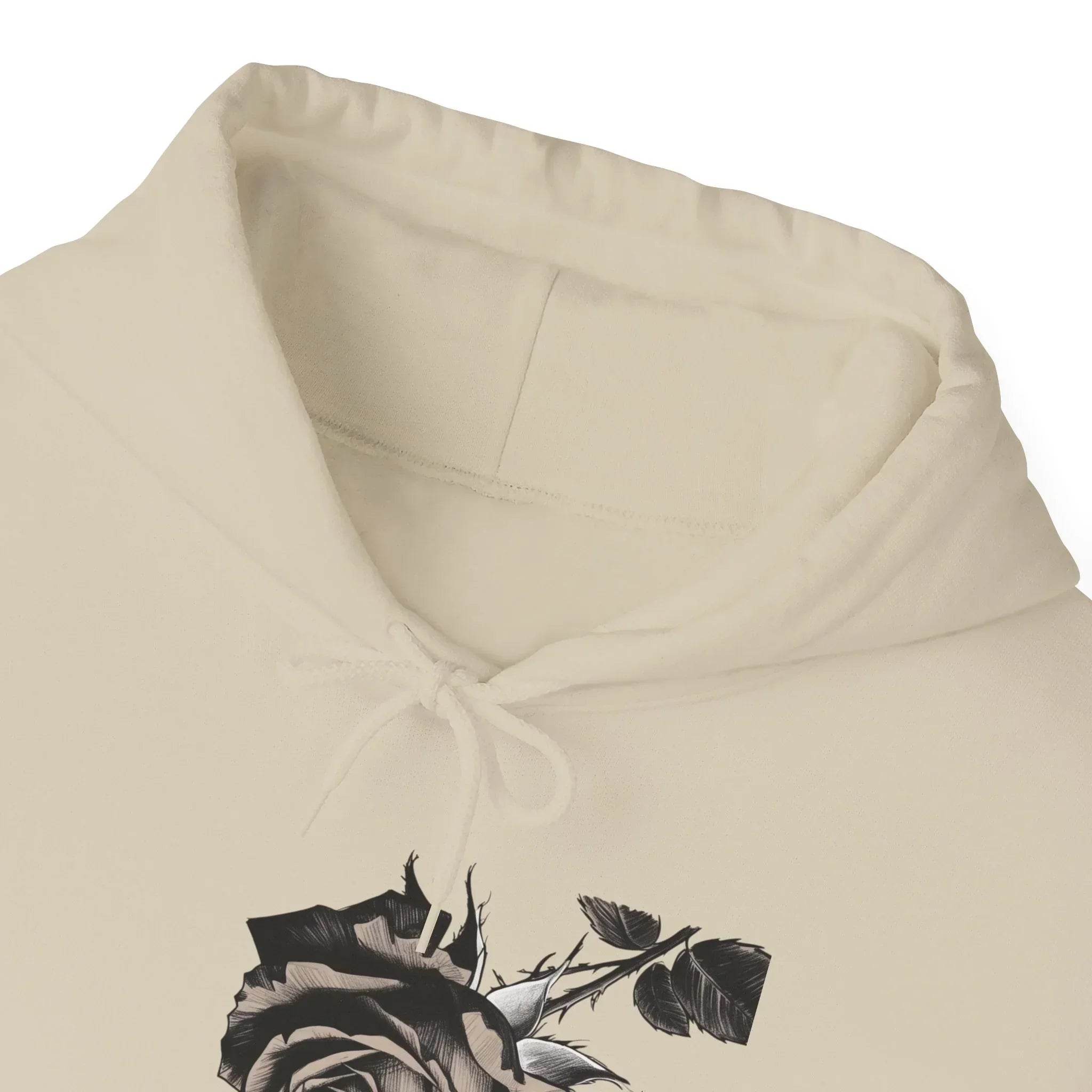 Beige hoodie with black and white rose graphic and drawstring hood