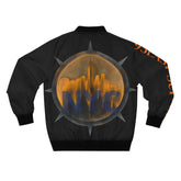 Black bomber jacket with NYC skyline graphic and bold orange text on sleeve