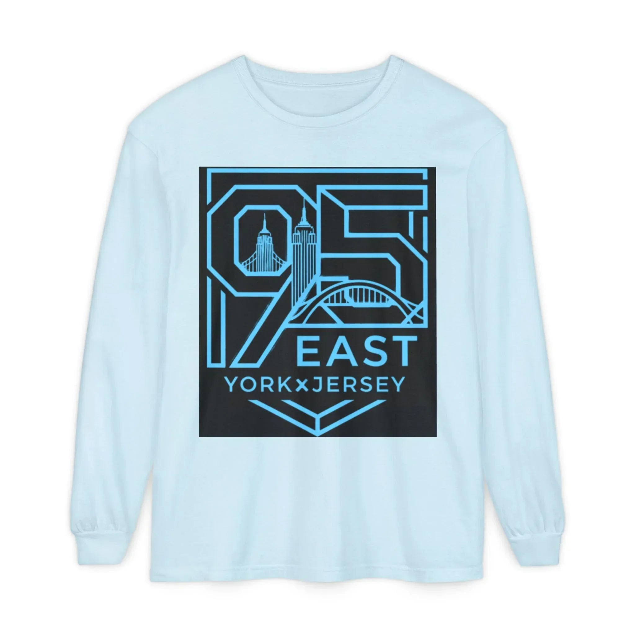Light blue long sleeve tee with bold '95 East YorkxJersey' graphic, featuring city skyline and bridge design.