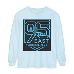 Light blue long sleeve tee with bold '95 East YorkxJersey' graphic, featuring city skyline and bridge design.