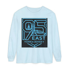 Light blue long sleeve tee with bold '95 East YorkxJersey' graphic, featuring city skyline and bridge design.
