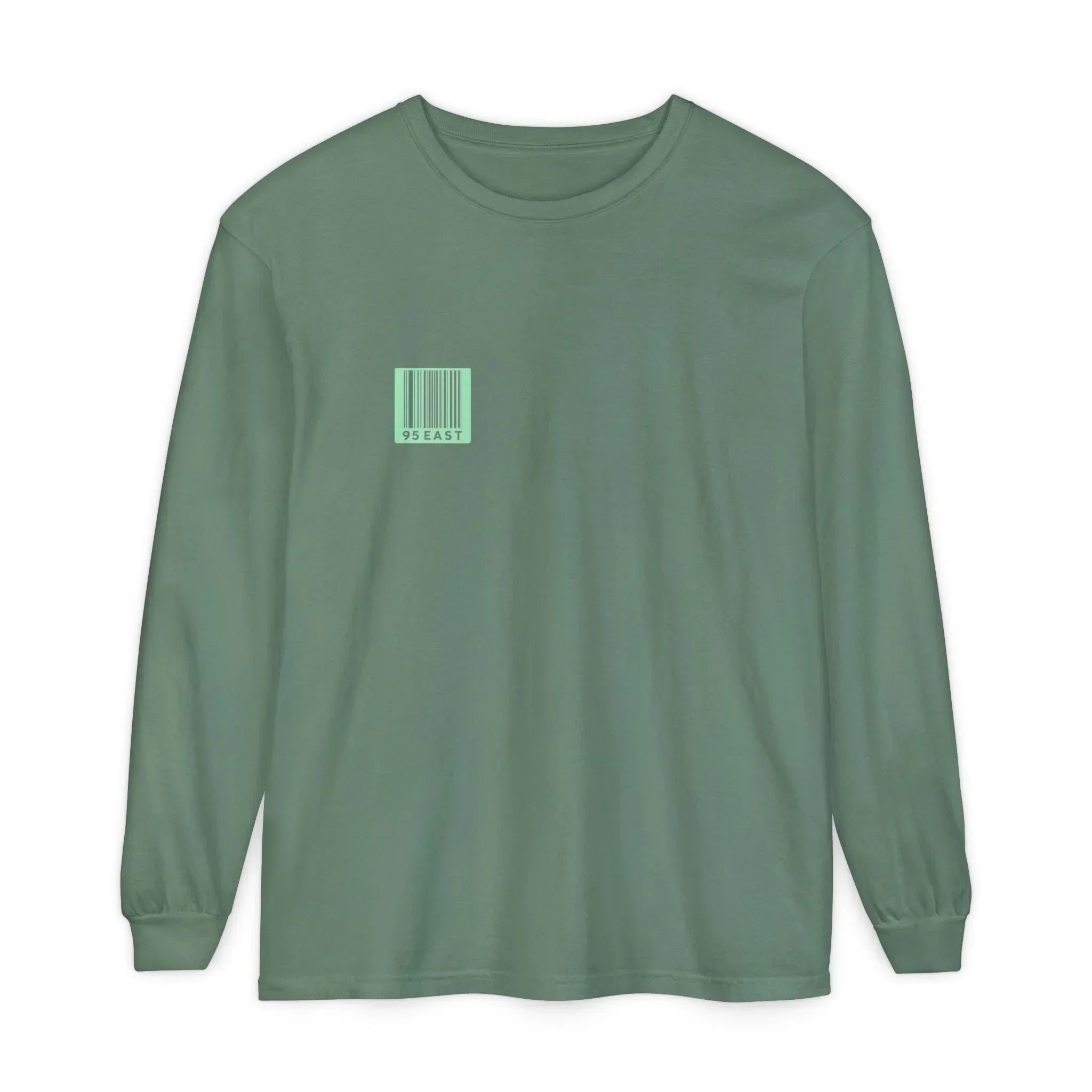 Green long sleeve tee with barcode graphic, modern East Coast style