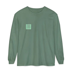 Green long sleeve tee with barcode graphic, modern East Coast style