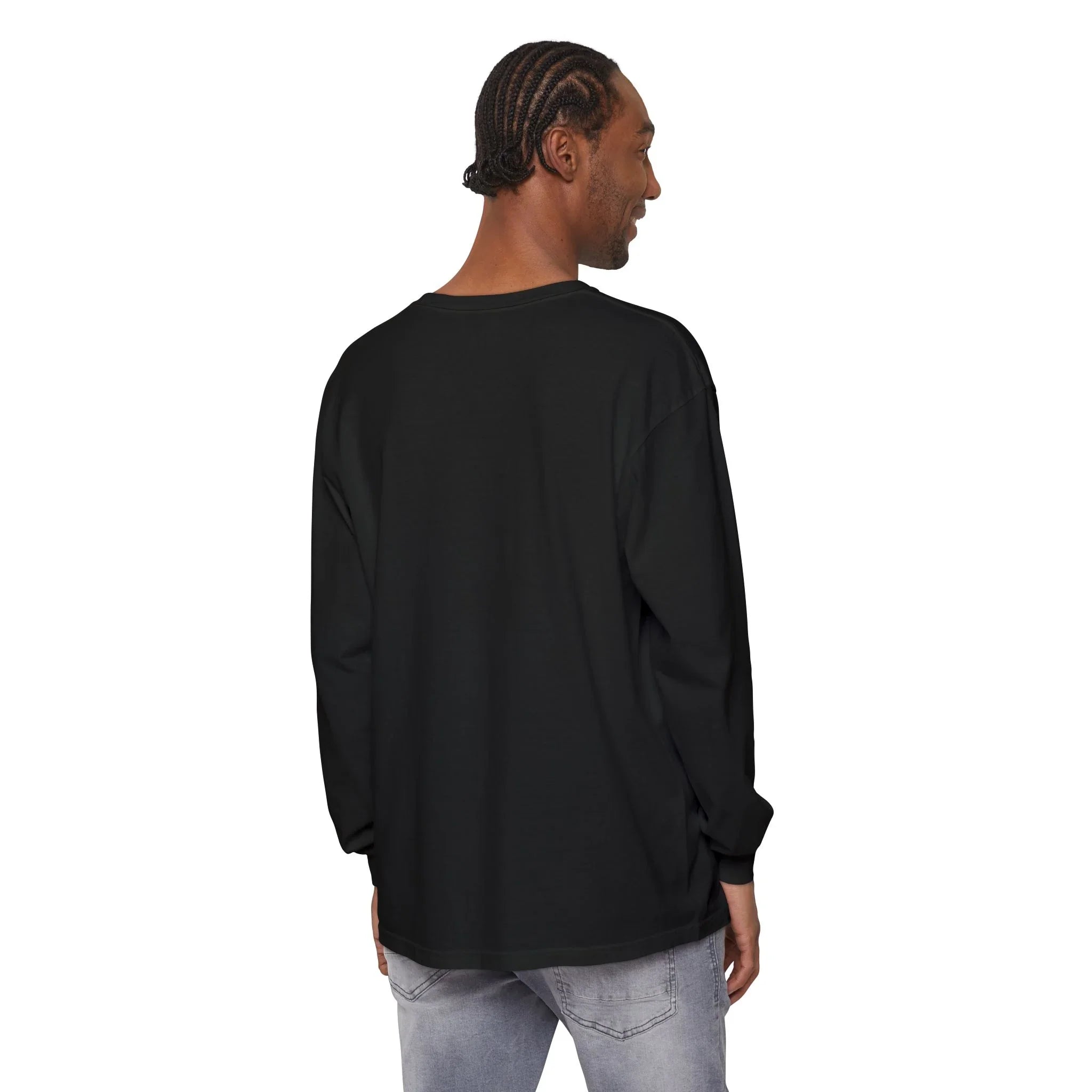 Black long sleeve hoodie with rose graphic and barcode sleeve detail, worn by man with braids