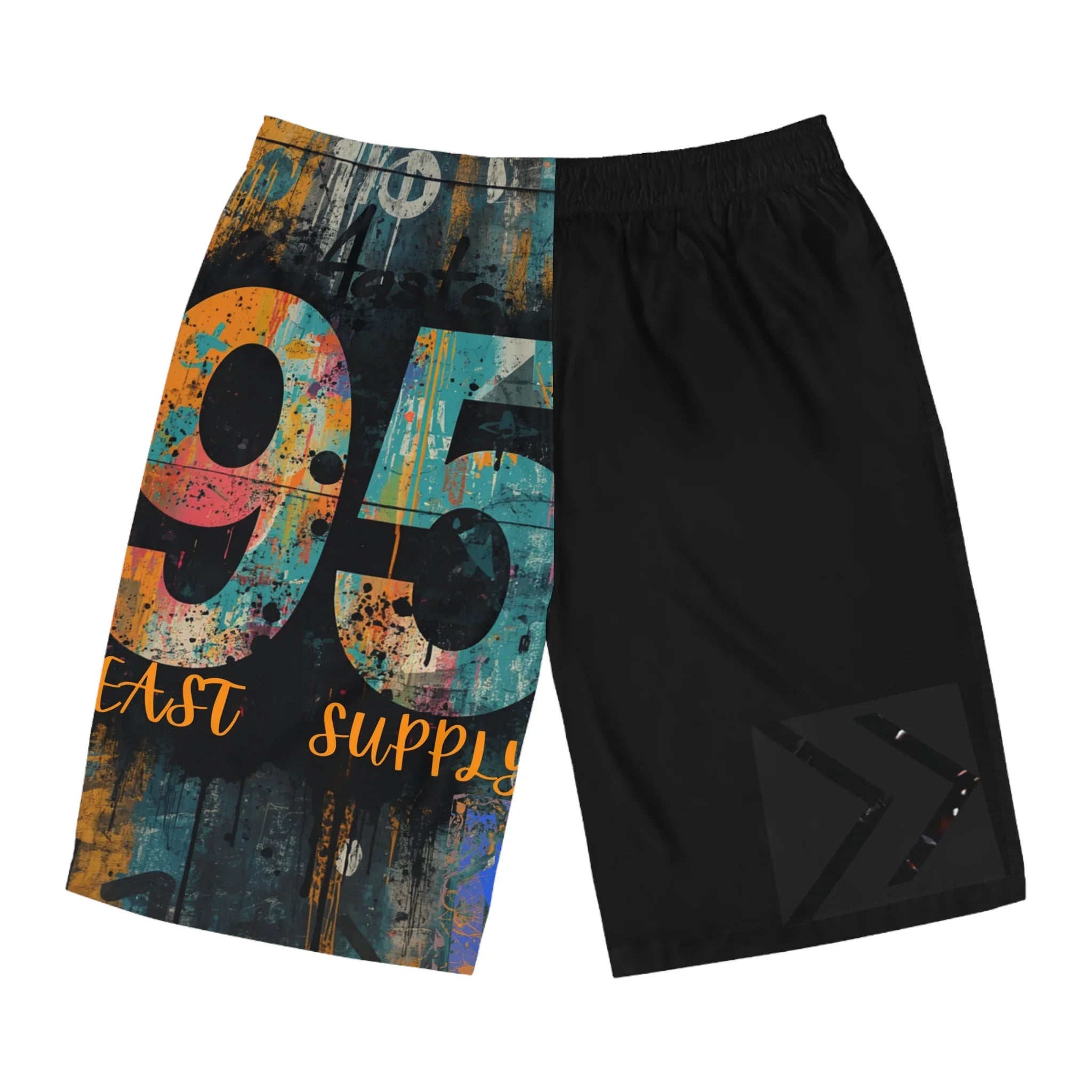 Black athletic shorts with bold 95 East Supply graffiti print, vibrant streetwear design