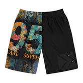 Black athletic shorts with bold 95 East Supply graffiti print, vibrant streetwear design