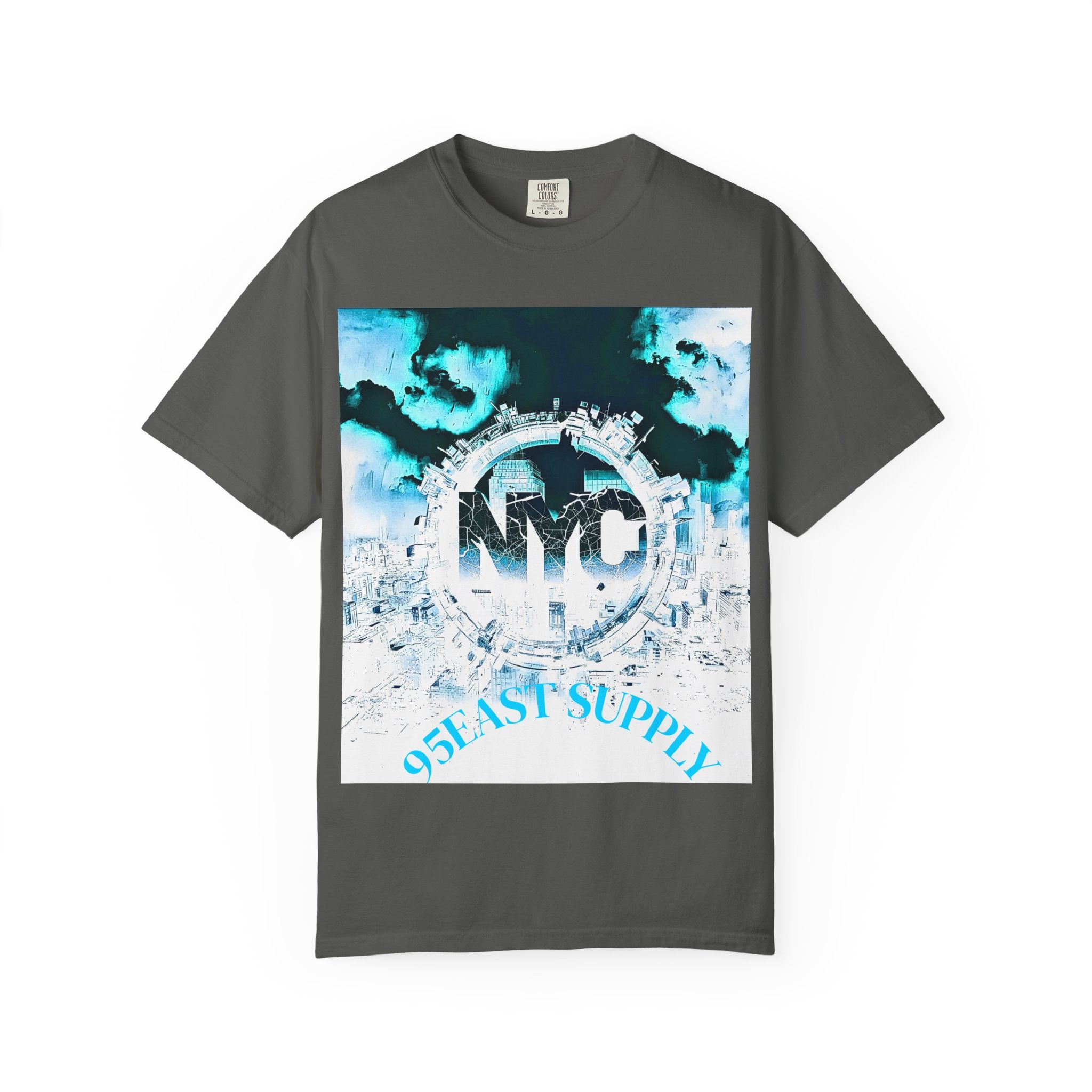 Dark gray t-shirt with NYC cityscape graphic, cracked 'NYC' text, and '95EAST SUPPLY' in blue