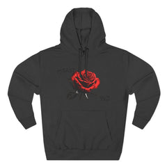 Black hoodie with red rose graphic and barcode sleeve detail, East Coast style