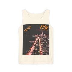 Cream tank top with NYC night cityscape print and 95EAST text in orange lettering.