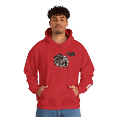 Man wearing red hoodie with black and white rose graphic, casual streetwear fashion