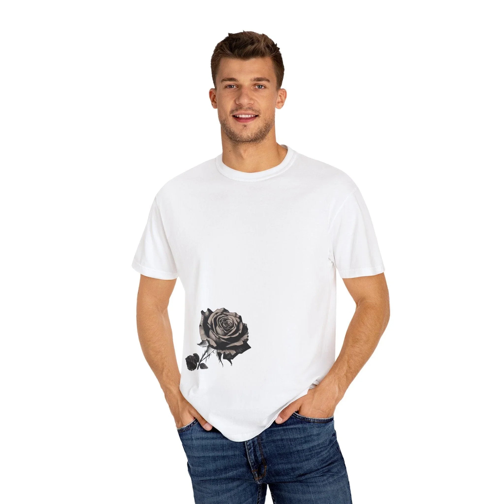 Man wearing white t-shirt with black rose graphic, casual style