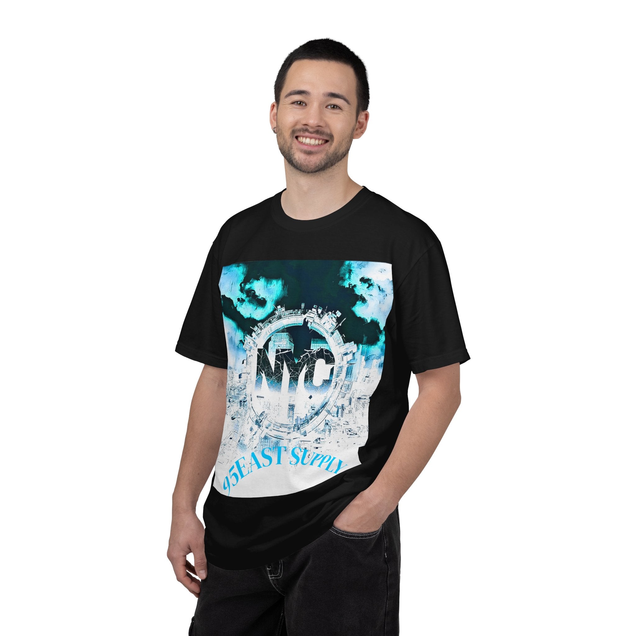 Black graphic tee with NYC skyline print and 95EAST SUPPLY text, modern streetwear style