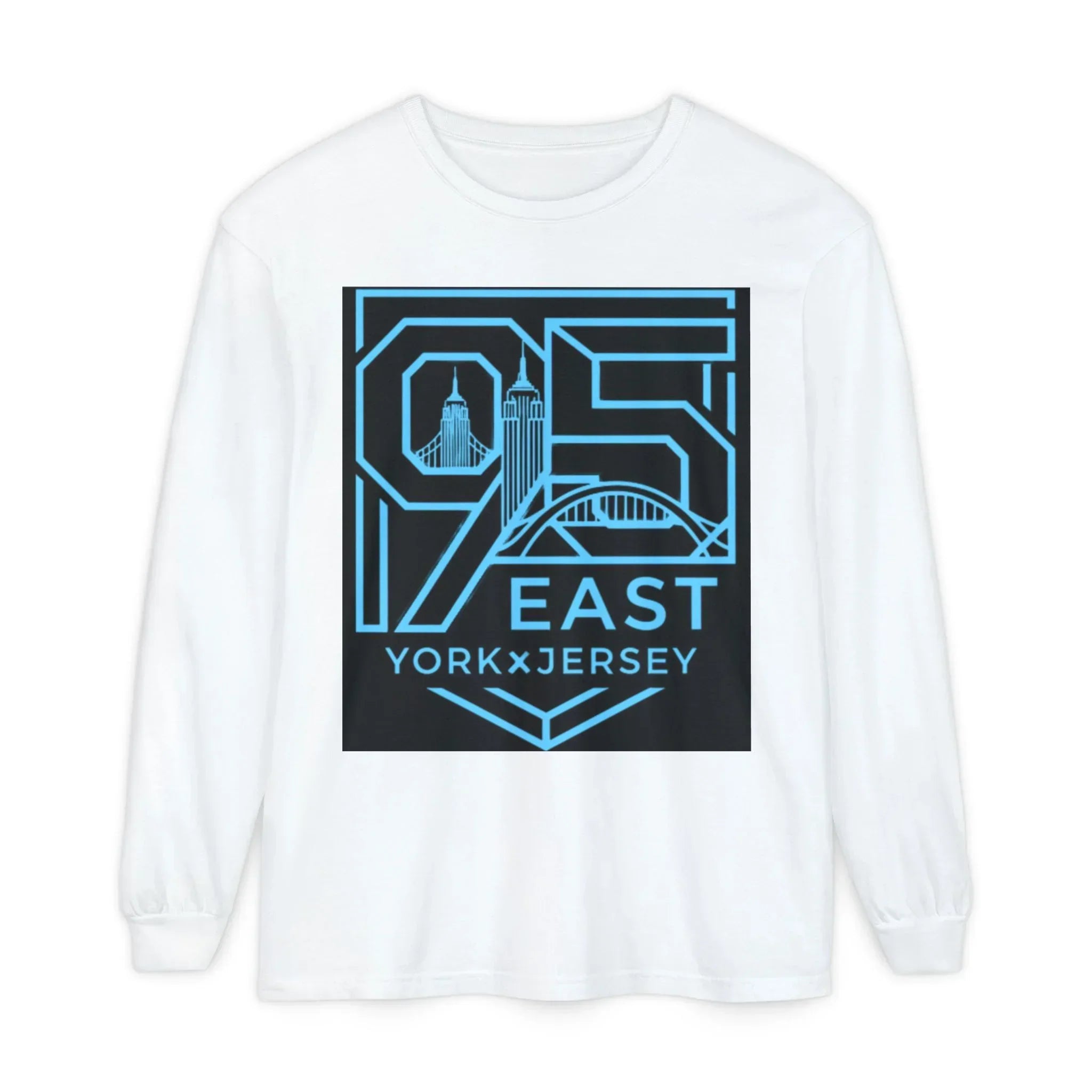 White long sleeve tee with bold '95 East YorkxJersey' graphic, featuring city skyline and bridge design in blue.